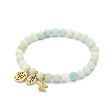 light blue beaded bracelet with with golden tree and starfish charm