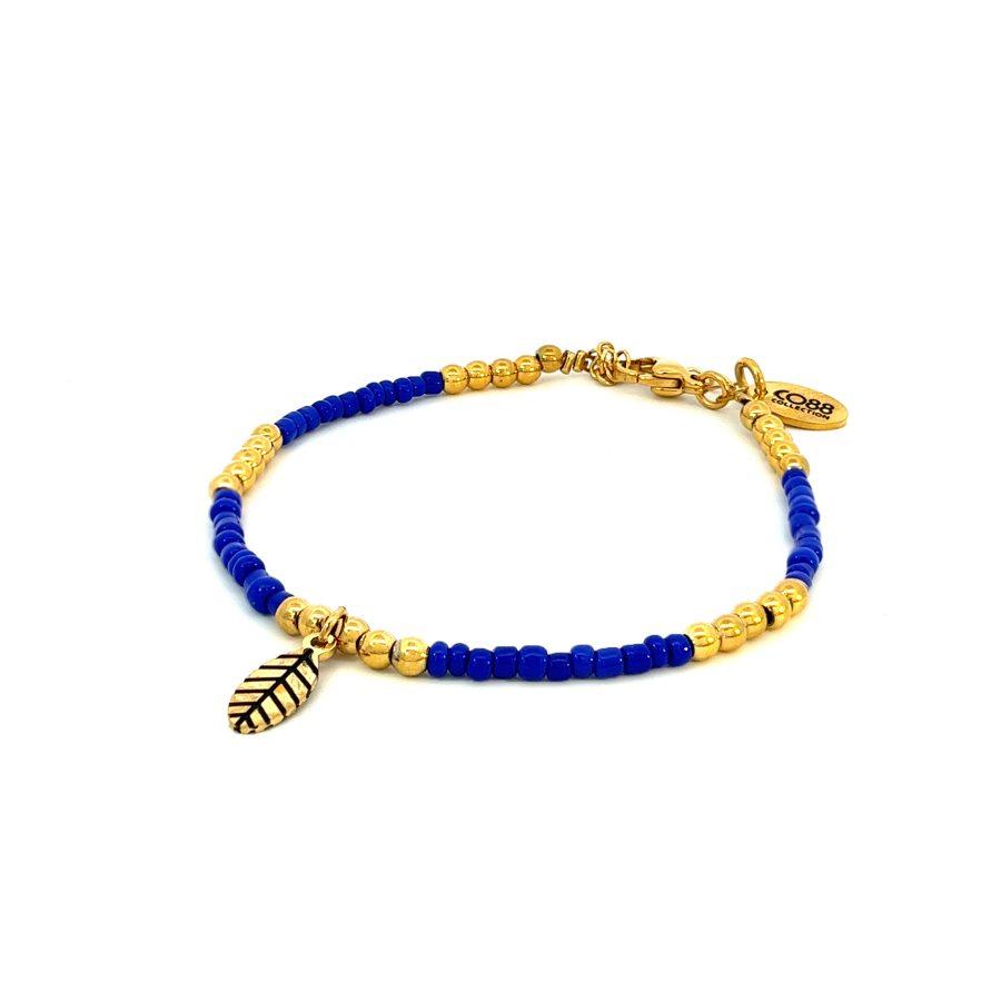 SALE blue and gold beads bracelet with gold feather charm