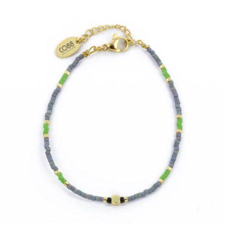 purple and green miyuki beads bracelet with gold elements