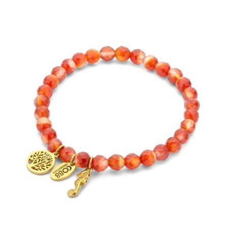 red beaded bracelet with with golden tree and seahorse charm