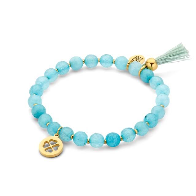 blue beads bracelet with gold clover pendant